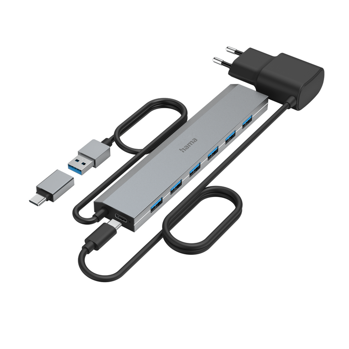 HAMA 7-port hub, USB 3.2 Gen 1, 5 Gbit/s, USB-C adapter with power supply
