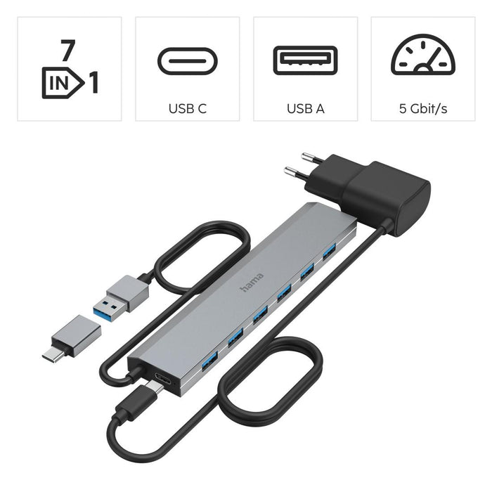 HAMA 7-port hub, USB 3.2 Gen 1, 5 Gbit/s, USB-C adapter with power supply
