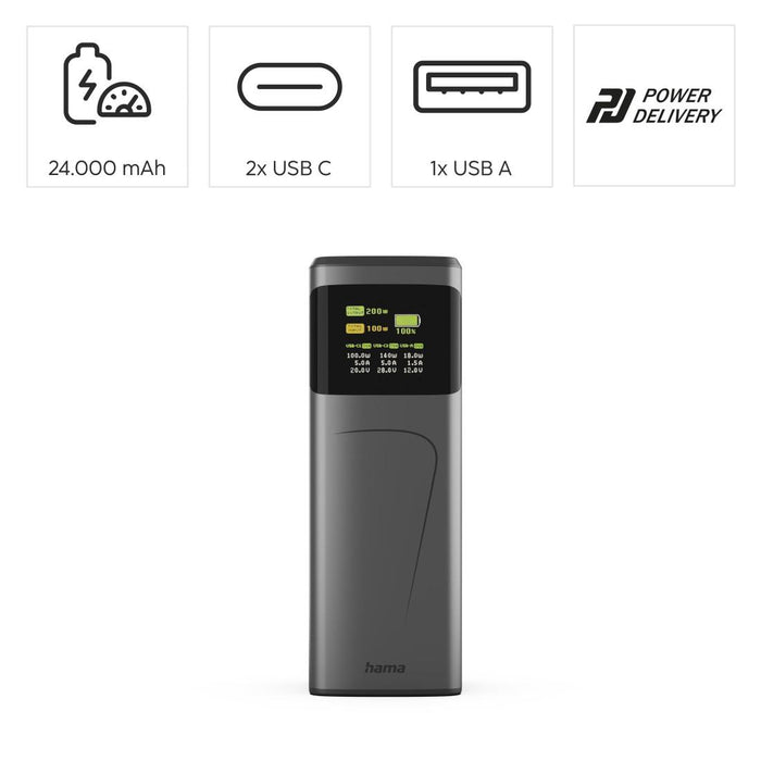 HAMA External battery "High Power", 200 W, 24000 mAh, 2x USB-C, USB-A, fast charging