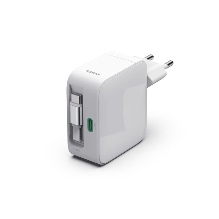 HAMA Fast charger, 30 W, GaN, 2x USB-C, with extension cable 0.7m, white