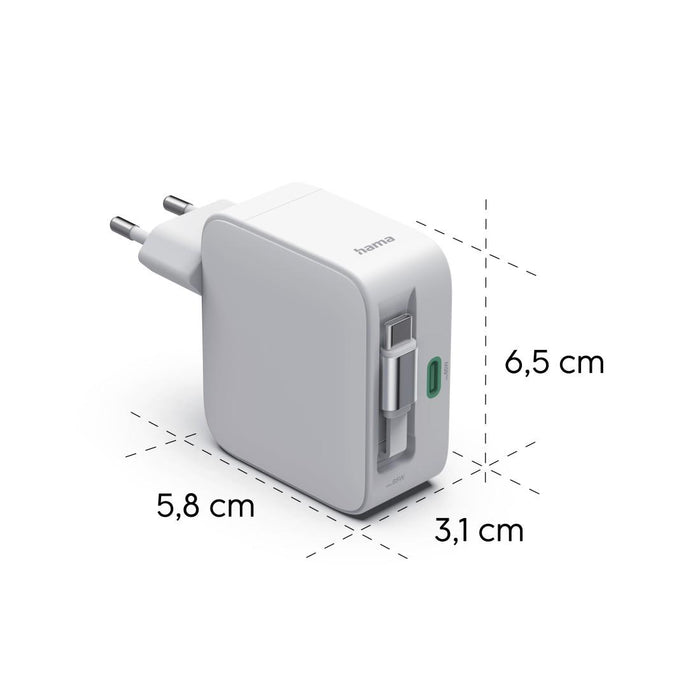 HAMA Fast charger, 65 W, GaN, 2x USB-C, with extension cable 0.7m, white