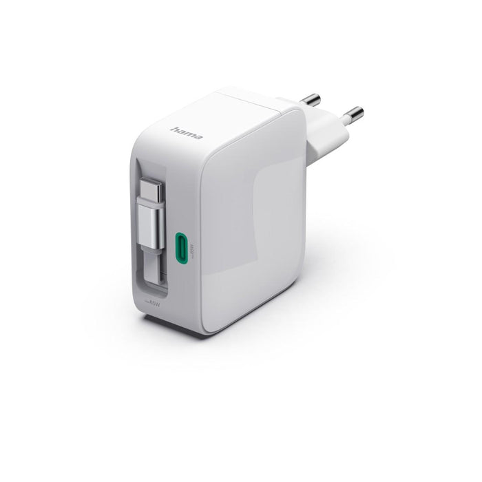 HAMA Fast charger, 65 W, GaN, 2x USB-C, with extension cable 0.7m, white