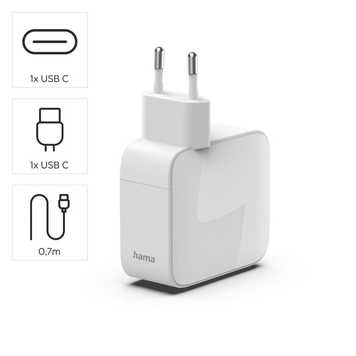 HAMA Fast charger, 65 W, GaN, 2x USB-C, with extension cable 0.7m, white