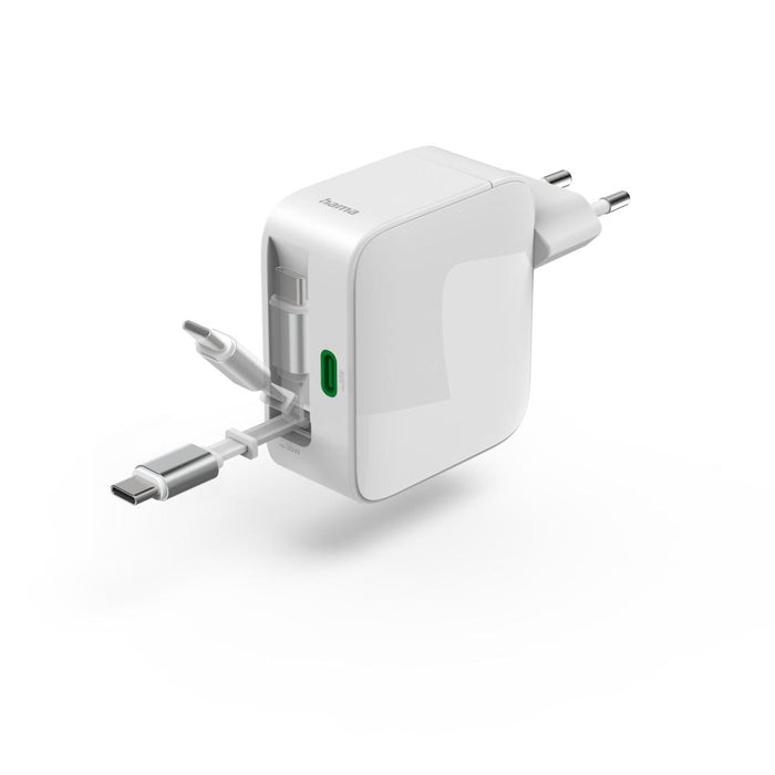 HAMA Fast charger, 65 W, GaN, 2x USB-C, with extension cable 0.7m, white