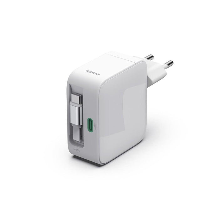 HAMA Fast charger, 65 W, GaN, 2x USB-C, with extension cable 0.7m, white