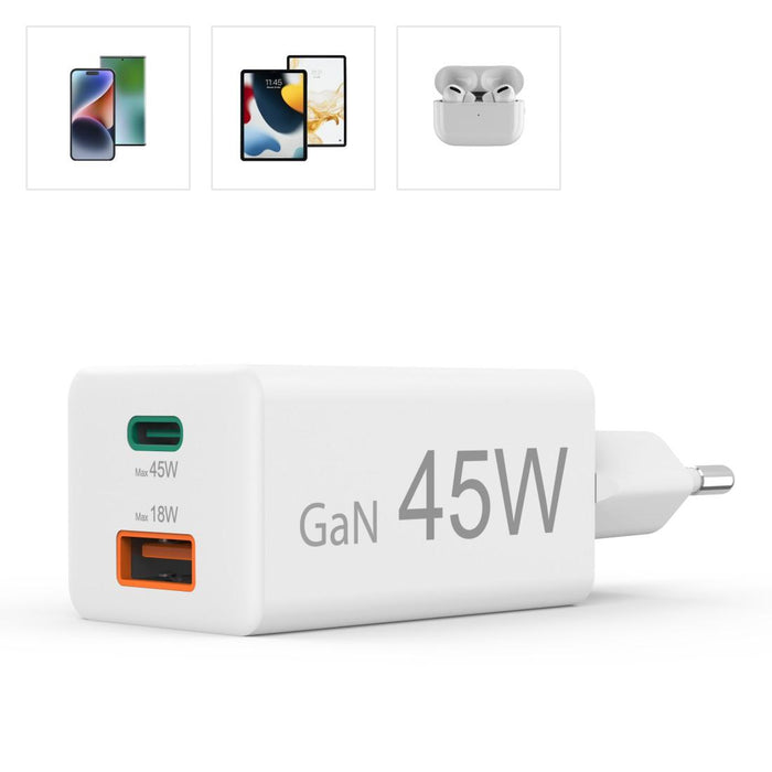HAMA Fast mini charger, 45 W, 1x USB-C - 1x USB-A, PD, white