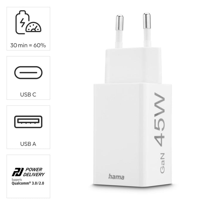 HAMA Fast mini charger, 45 W, 1x USB-C - 1x USB-A, PD, white