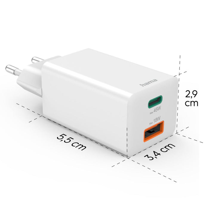 HAMA Fast mini charger, 45 W, 1x USB-C - 1x USB-A, PD, white
