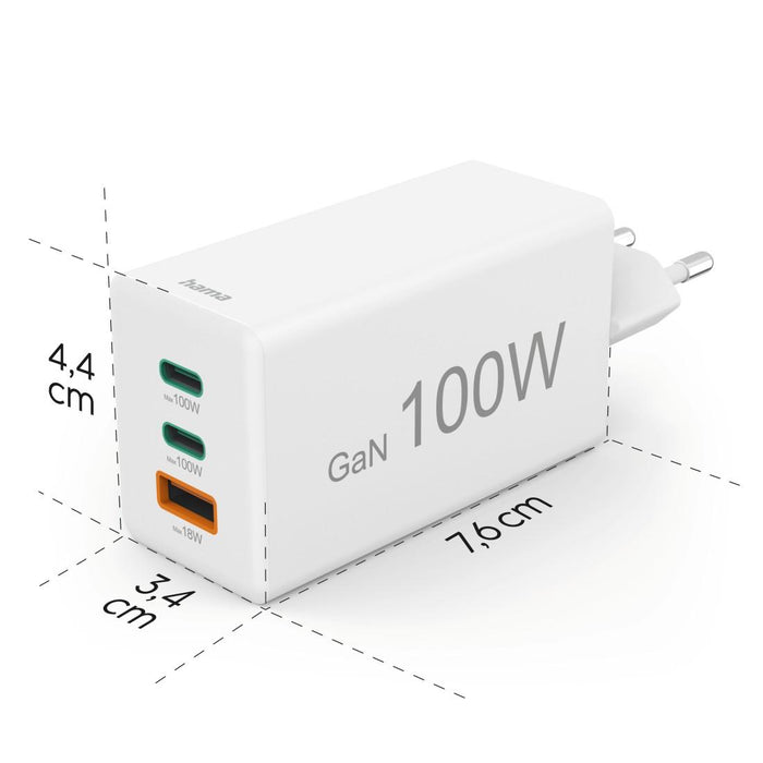 HAMA Fast charger 220V, 100 W GaN, 2x USB-C PD, 1x USB-A QC