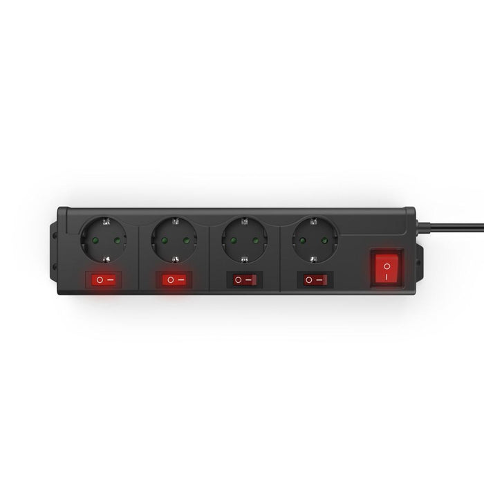 HAMA Power strip with key, 4 sockets at 90°, wall mounting, 1.4m, black