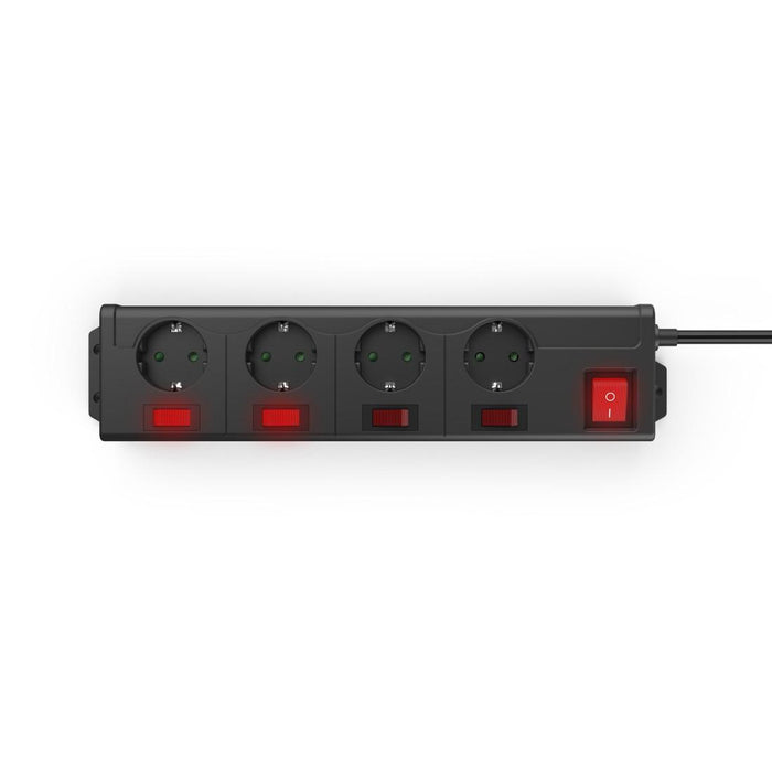 HAMA Power strip with key, 4 sockets at 90°, wall mounting, 1.4m, black
