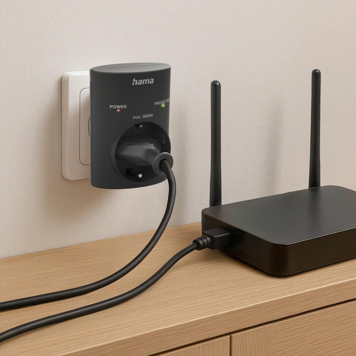 HAMA Socket with built-in surge protection, black