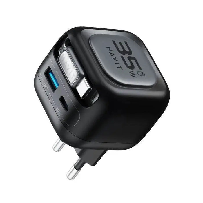 Havit UC250 A-EU - GaN travel charger with extendable cable (black) - ChargersLAD-SIC<<<Power supplies