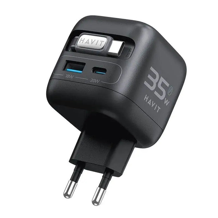 Havit UC250 A-EU - GaN travel charger with extendable cable (black) - ChargersLAD-SIC<<<Power supplies