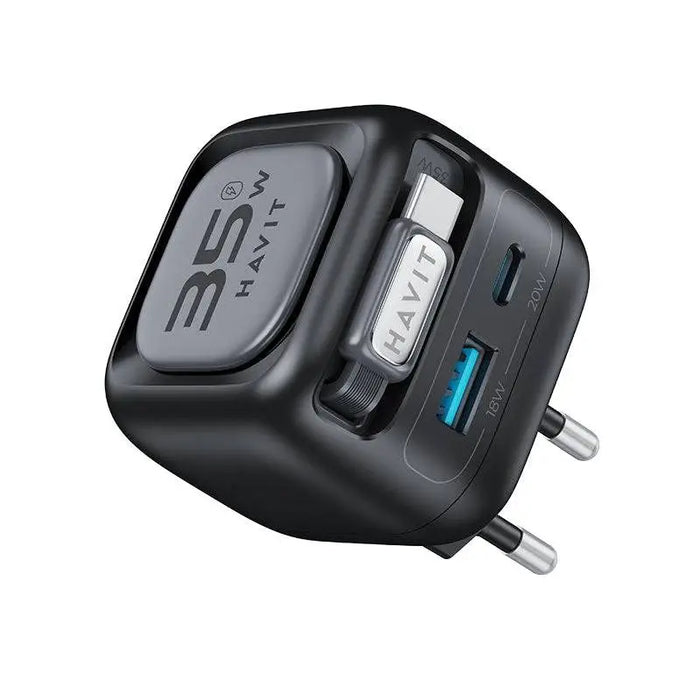 Havit UC250 A-EU - GaN travel charger with extendable cable (black) - ChargersLAD-SIC<<<Power supplies