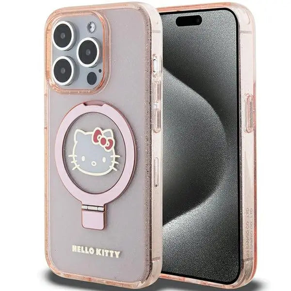 Hello Kitty Ring Stand Glitter Electrop Logo MagSafe Case for iPhone 15 Pro - Pink - Cell phone cases