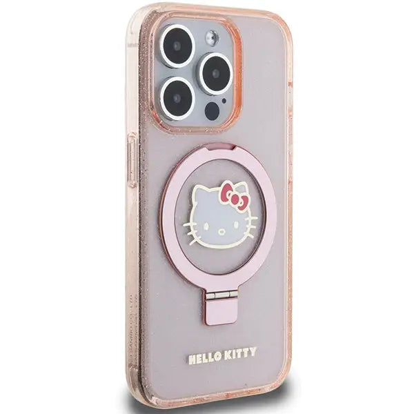 Hello Kitty Ring Stand Glitter Electrop Logo MagSafe Case for iPhone 15 Pro - Pink - Cell phone cases