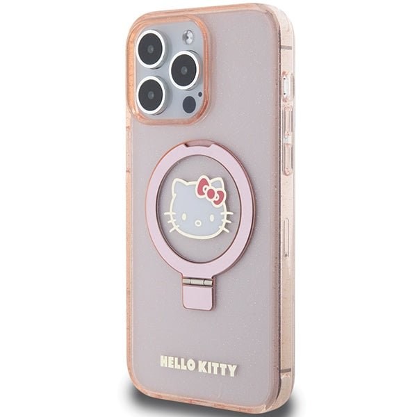 Hello Kitty Ring Stand Glitter Electrop Logo MagSafe Case for iPhone 15 Pro Max - Pink
