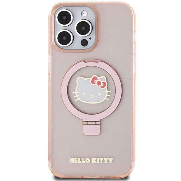 Hello Kitty Ring Stand Glitter Electrop Logo MagSafe Case for iPhone 15 Pro Max - Pink
