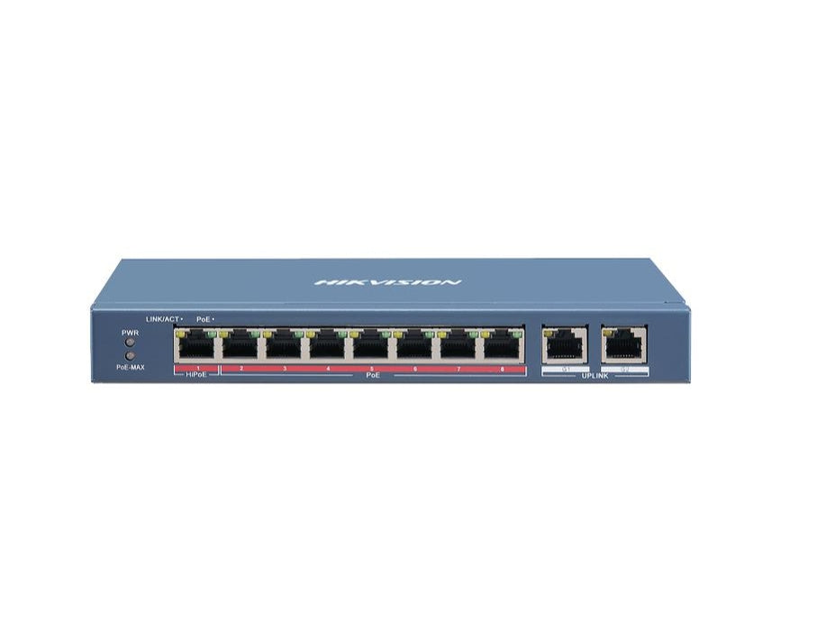 HikVision 10 Port Fast Ethernet Unmanaged POE Switch, 8x 10/100 Mbps PoE port, 2x Gigabit RJ45 port, Power Budget 110W, Up to 300 m Long Range PoE Transmission