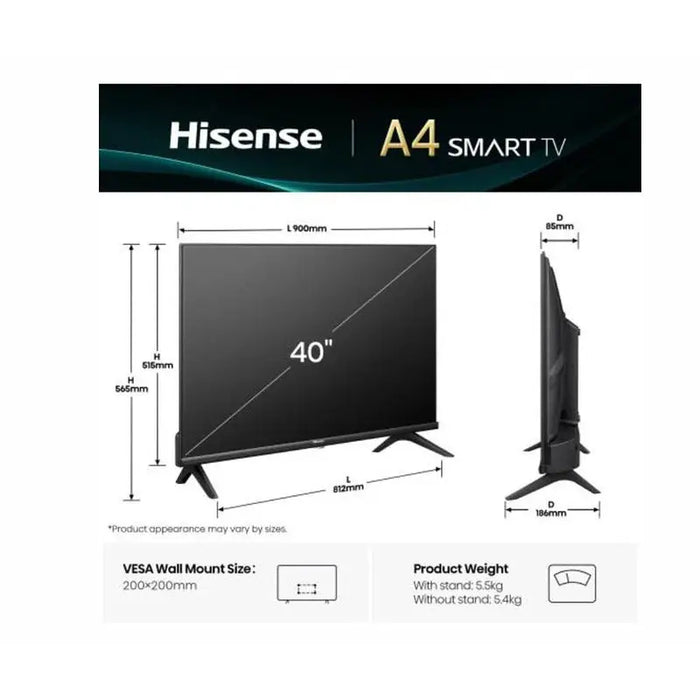 Hisense 40’’ A4Q Full HD 1920x1080 DLED HDR HLG DTS HD Smart TV WiFi WiFi Direct 2xHDMI 2xUSB LAN CI+ DVB-T2/C/S2 Black