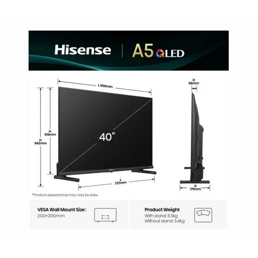 Hisense 40’’ A5Q Full HD 1920x1080 QLED Quantum Dot HDR HLG DTS HD Light Sensor Dolby Audio Smart TV WiFi WiFi Direct