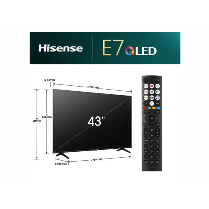 Hisense 43’’ E7Q 4K Ultra HD 3840x2160 QLED Quantum Dot HDR 10+ HLG Dolby Vision Light Sensor Smart TV WiFi 5GHz WiFi