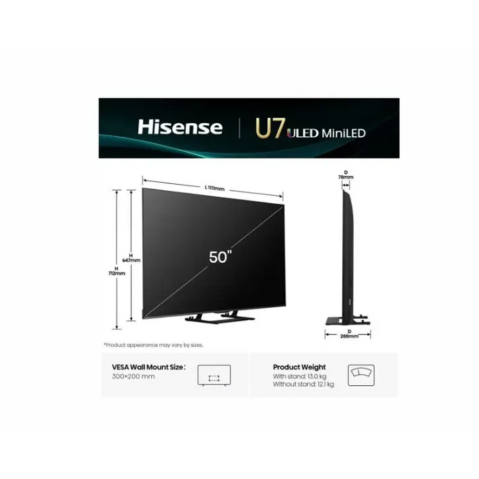 Hisense 50’’ U7Q 4K Ultra HD 3840x2160 ULED FALD Quantum Dot 144Hz IPS HDR 10+ HLG Dolby Vision IQ Dolby Atmos Smart TV