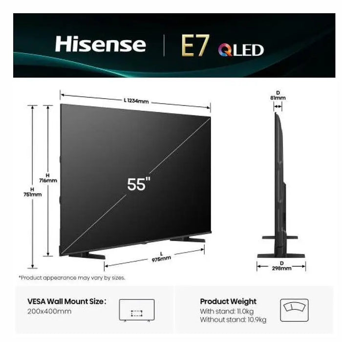 Hisense 55’’ E7Q 4K Ultra HD 3840x2160 QLED Quantum Dot HDR 10+ HLG Dolby Vision DTS Virtual X Smart TV WiFi Light