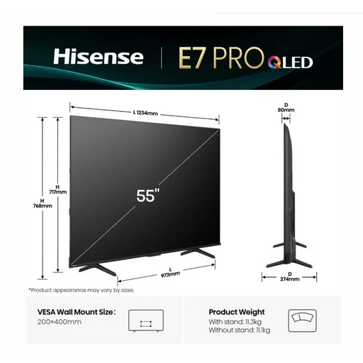 Hisense 55’’ E7Q Pro 4K Ultra HD 3840x2160 QLED Quantum Dot 144Hz HDR 10+ adaptive HLG Dolby Vision DTS Virtual X Smart