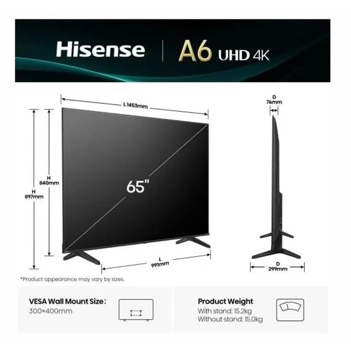 Hisense 65’’ A6Q 4K Ultra HD 3840x2160 DLED DFA Precision Colour HDR 10+ HLG Dolby Vision DTS Virtual X Smart TV WiFi