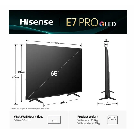 Hisense 65’’ E7Q Pro 4K Ultra HD 3840x2160 QLED Quantum Dot 144Hz HDR 10+ adaptive HLG Dolby Vision DTS Virtual X Smart