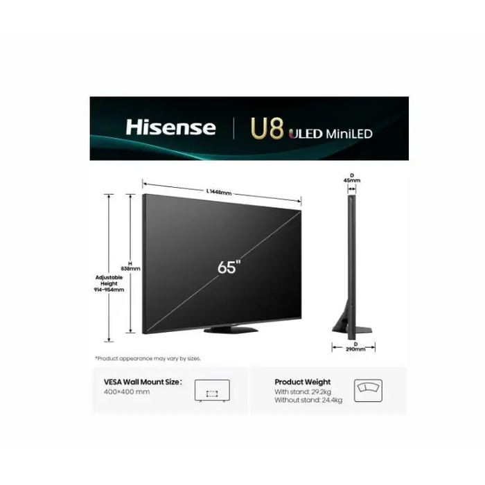 Hisense 65’’ U8Q 4K Ultra HD 3840x2160 Mini Led Pro FALD Quantum Dot 165Hz IPS HDR 10+ HLG Dolby Vision IQ Dolby Atmos
