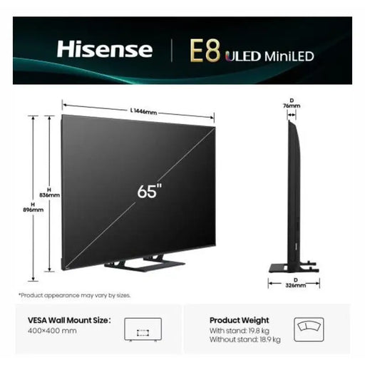 Hisense 65’’E8Q 4K Ultra HD 3840x2160 ULED Quantum Dot,144 Mhz HDR 10+ HLG Dolby Vision Smart TV,Light Sensor,WiFi