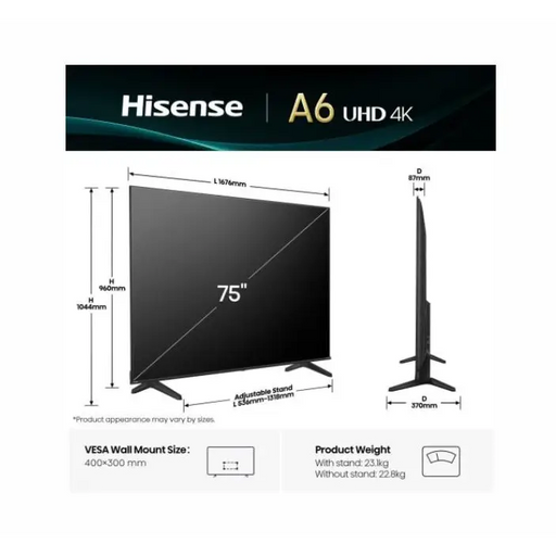 Hisense 75’’ A6Q 4K Ultra HD 3840x2160 DLED DFA Precision Colour HDR 10+ HLG Dolby Vision,Light sensor Smart TV WiFi BT
