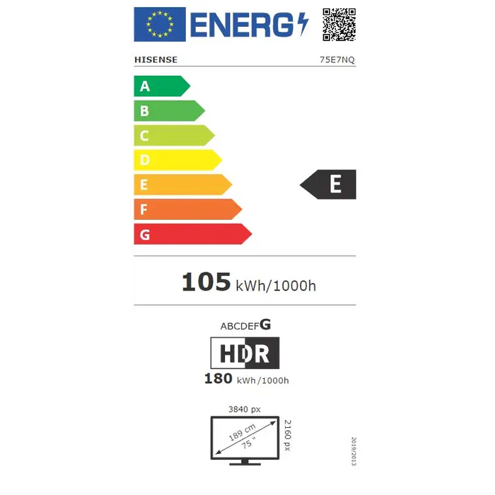 Hisense 75’’ E7NQ 4K Ultra HD 3840x2160 QLED Quantum Dot HDR 10+ HLG Dolby Vision DTS Virtual X Smart TV Light Sensor