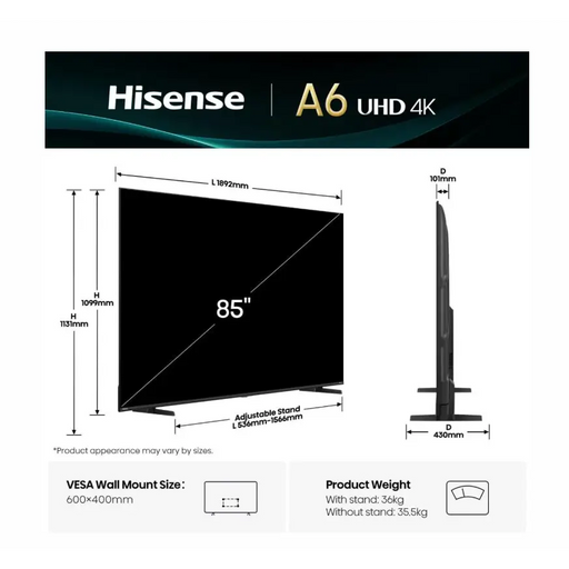 Hisense 85’’ A6Q 4K Ultra HD 3840x2160 DLED DFA Precision Colour HDR 10+ HLG Dolby Vision DTS Virtual X Smart TV WiFi