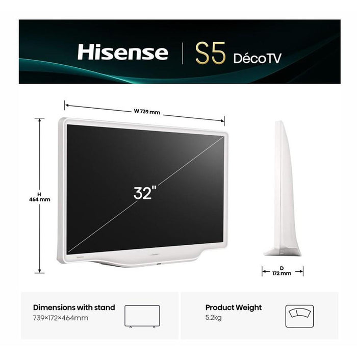 Hisense 32" S5Q, Full HD 1920x1080, QLED, 220 nits, HDR, HLG, DTS HD, Light Sensor, Dolby Audio, Smart TV, WiFi, WiFi Direct, 2xHDMI, 2xUSB, LAN, CI+, DVB-T2/C/S2, White