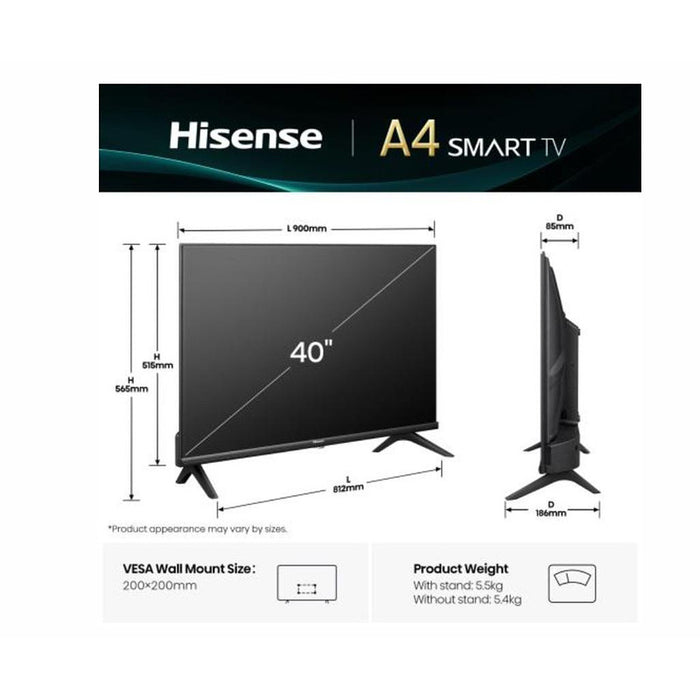 Hisense 40" A4Q, Full HD 1920x1080, DLED, HDR, HLG, DTS HD, Smart TV, WiFi, WiFi Direct, 2xHDMI, 2xUSB, LAN, CI+, DVB-T2/C/S2, Black