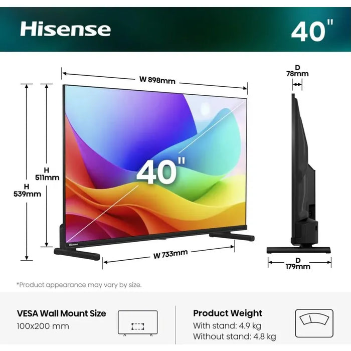 Hisense 40" A5S, Full HD 1920x1080, QLED, Quantum Dot, HDR, HLG, DTS HD, Light Sensor, Dolby Audio, Smart TV, WiFi, WiFi Direct, 2xHDMI, 2xUSB, LAN, CI+, DVB-T2/C/S2, Black