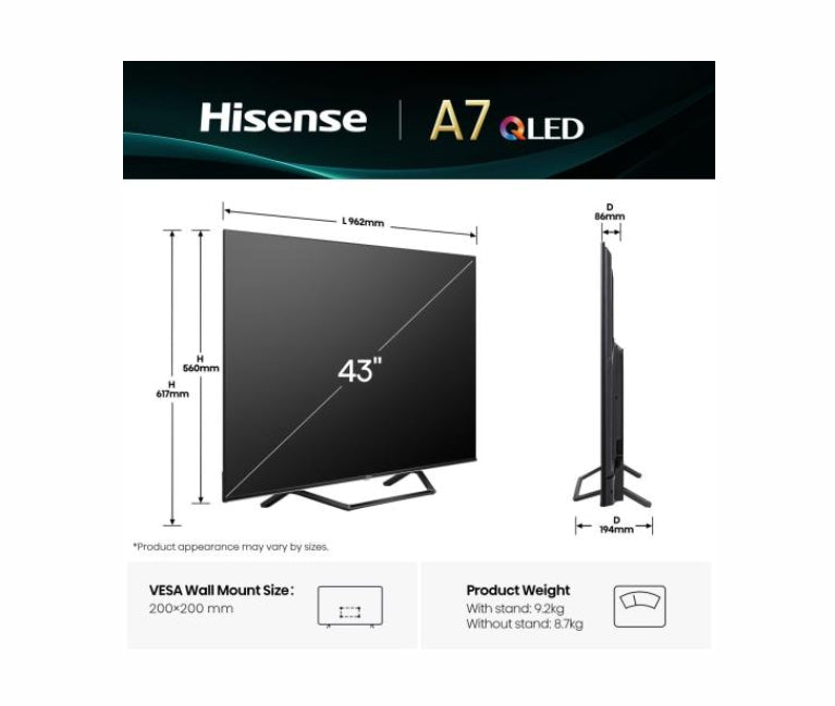 Hisense 43" A7Q, 4K Ultra HD 3840x2160, QLED, FALD, Quantum Dot, HDR 10+, HLG, Dolby Vision, Dolby Atmos, Smart TV, WiFi 5GHz, WiFi Direct, BT, Anyview Cast, 3xHDMI, 2xUSB, LAN, CI+, DVB-T2/C/S2, Black