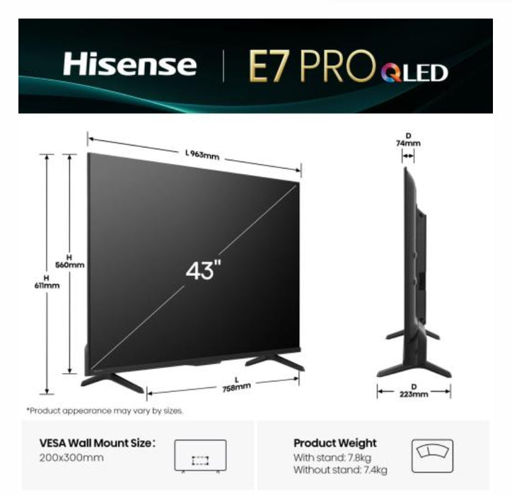 Hisense 43" E7Q Pro, 4K Ultra HD 3840x2160, QLED, Quantum Dot, 144Hz, HDR 10+ adaptive, HLG, Dolby Vision, DTS Virtual X, Smart TV, WiFi 5GHz, WiFi Direct, BT, Anyview Cast, 3xHDMI, 2xUSB, LAN, CI+, DVB-T2/C/S2, Black