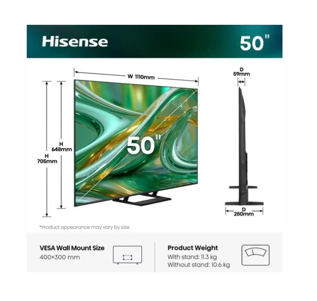 Hisense 50" E8S, 4K Ultra HD 3840x2160, ULED, Quantum Dot,144 Hz,HDR 10+, HLG, Dolby Vision, DTS Virtual X, Smart TV, WiFi, Light Sensor, BT, Anyview Cast, 4xHDMI, 2xUSB, LAN, CI+, DVB-T2/C/S2, Singale Stand, Black