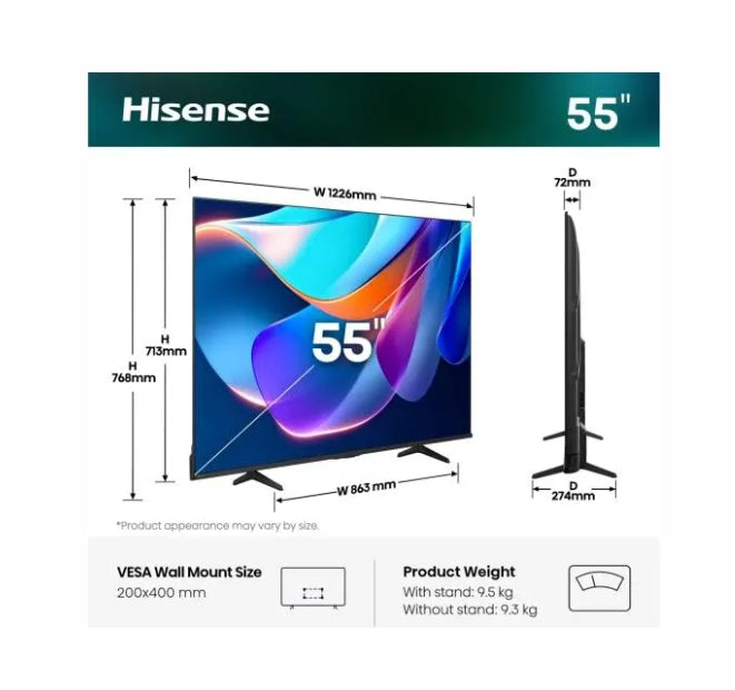 Hisense 55" A6S, 4K Ultra HD 3840x2160, DLED, DFA, Precision Colour, HDR 10+, HLG, Dolby Vision,Light sensor, Smart TV, WiFi, BT, AnyView Cast, Gaming Mode, 1xHDMI2 eArc, 3xHDMI, 2xUSB, LAN, CI+, DVB-T2/C/S2, Black