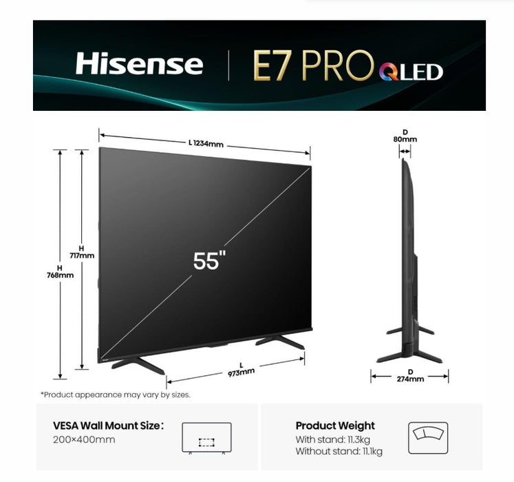 Hisense 55" E7Q Pro, 4K Ultra HD 3840x2160, QLED, Quantum Dot, 144Hz, HDR 10+ adaptive, HLG, Dolby Vision, DTS Virtual X, Smart TV, WiFi 5GHz, WiFi Direct, BT, Anyview Cast, 3xHDMI, 2xUSB, LAN, CI+, DVB-T2/C/S2, Black