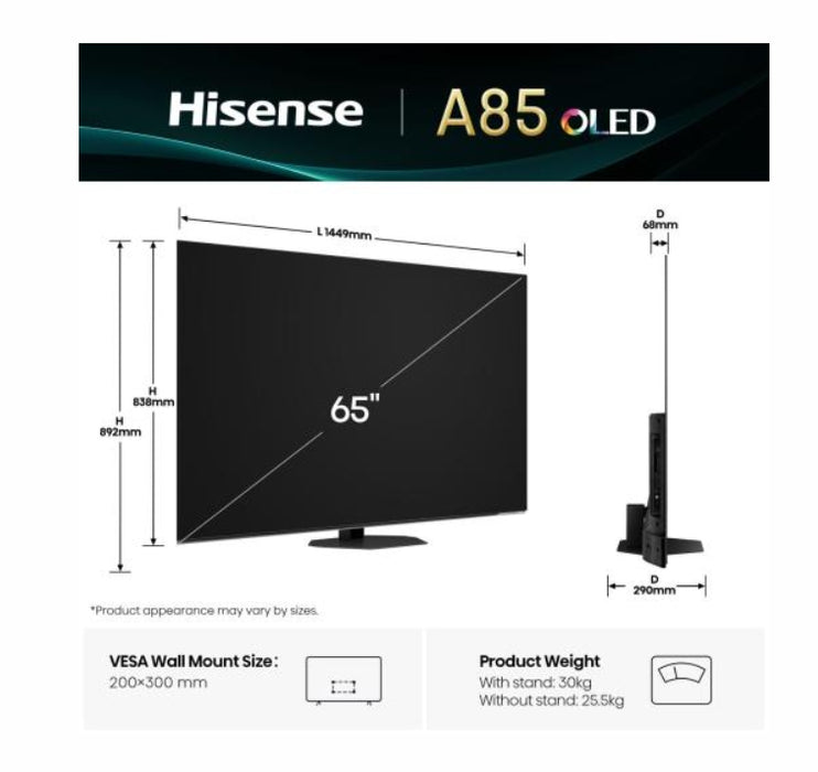 Hisense 65" A85Q, 4K UHD OLED Smart TV, 120Hz, 1000 nits,HDMI 2.1, Game Mode Pro, AMD FreeSync Premium, Dolby Vision IQ & Atmos, Bluetooth, Alexa Built-in, Black