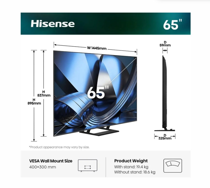 Hisense 65"U7SE, 4K Ultra HD 3840x2160, ULED, FALD, Quantum Dot, 144Hz, IPS, HDR 10+, HLG, Dolby Vision IQ, Dolby Atmos, Smart TV, WiFi 5GHz, WiFi Direct, BT, Anyview Cast,light sensor, 4xHDMI, 2xUSB, LAN, CI+, DVB-T2/C/S2, Black