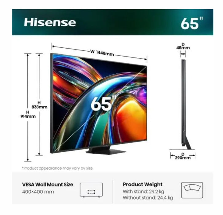 Hisense 65" UR9S, 4K Ultra HD 3840x2160, RGB Mini Led , DLED, Quantum Dot, 180Hz, IPS, HDR 10+, HLG, Dolby Vision IQ, Dolby Atmos, Smart TV,Light Sensor,WiFi 6eGHz, WiFi Direct, BT,2x15 W + 2x10 W + 20 W + 2x10W, Anyview Cast, 3xHDMI, 2xUSB, LAN, CI+, DV