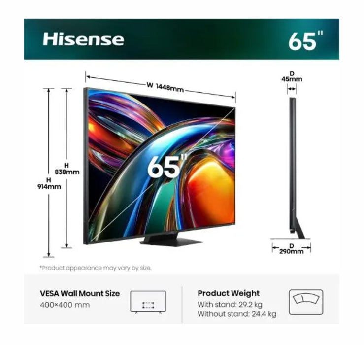 Hisense 65" UR9S, 4K Ultra HD 3840x2160, RGB Mini Led , DLED, Quantum Dot, 180Hz, IPS, HDR 10+, HLG, Dolby Vision IQ, Dolby Atmos, Smart TV,Light Sensor,WiFi 6eGHz, WiFi Direct, BT,2x15 W + 2x10 W + 20 W + 2x10W, Anyview Cast, 3xHDMI, 2xUSB, LAN, CI+, DV
