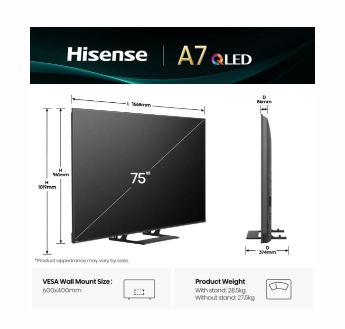 Hisense 75" A7Q, 4K Ultra HD 3840x2160, QLED, HDR 10+, HLG, Dolby Vision, Dolby Atmos, Smart TV, Light Sensor, WiFi Direct, BT, Anyview Cast, 3xHDMI, 2xUSB, LAN, CI+, DVB-T2/C/S2, Black